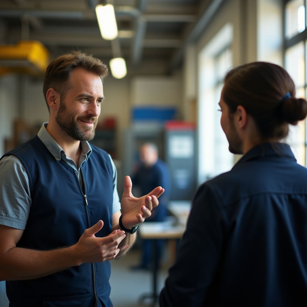 Gerente de taller resolviendo amistosamente una queja de un cliente